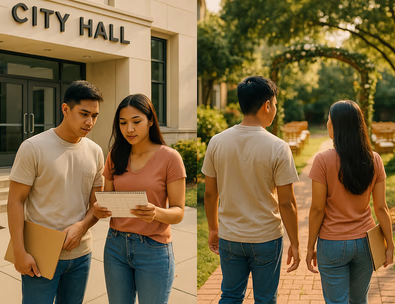 Young Filipino couple comparing City Hall and a private venue for a civil wedding