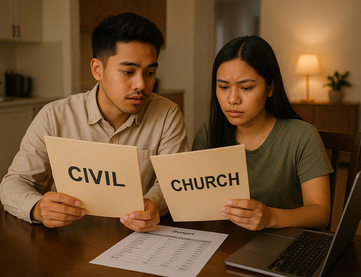 Young Filipino couple comparing civil and church wedding budgets at home