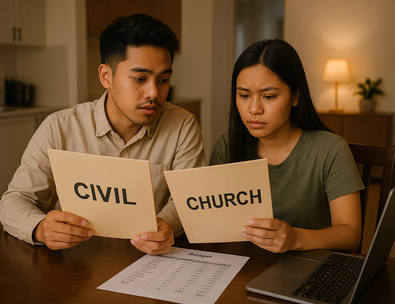 Young Filipino couple comparing civil and church wedding budgets at home
