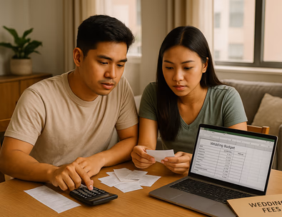 Couple planning a civil wedding budget with laptop calculator and receipts