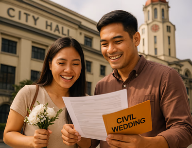 Young Filipino couple outside a Manila city hall reviewing civil wedding documents with a small bouquet and simple outfits