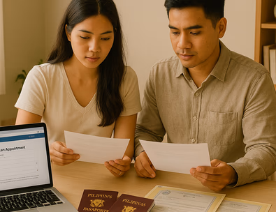 Young Filipino couple preparing embassy and LCR documents at home