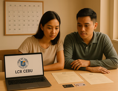Young Filipino couple planning a Cebu City civil wedding with documents and calendar