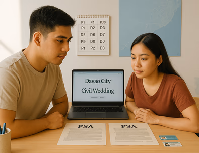 Young Filipino couple planning a Davao City civil wedding with documents and calendar