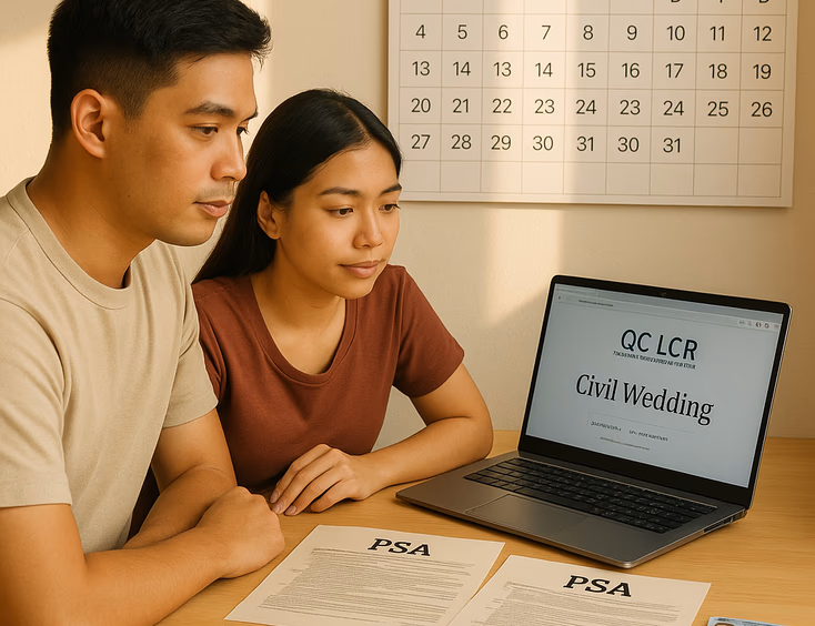Young Filipino couple planning a QC civil wedding with documents and calendar