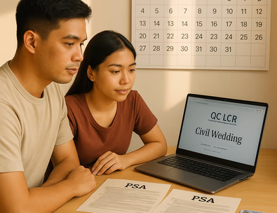 Young Filipino couple planning a QC civil wedding with documents and calendar