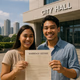 Young Filipino couple smiling outside a city hall holding their marriage license