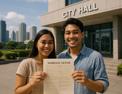 Young Filipino couple smiling outside a city hall holding their marriage license