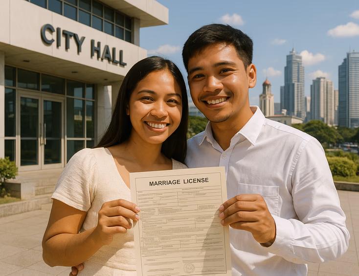 Young Filipino couple outside a city hall holding a marriage license