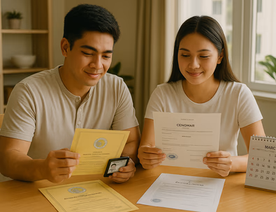 Young Filipino couple organizing civil wedding documents at home