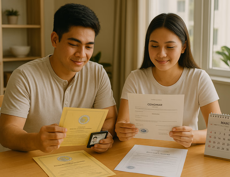 Young Filipino couple organizing civil wedding documents at home
