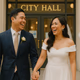 Happy Filipino couple outside city hall after their civil wedding ceremony.