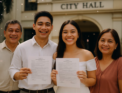 Young Filipino couple celebrating outside a city hall after a civil wedding