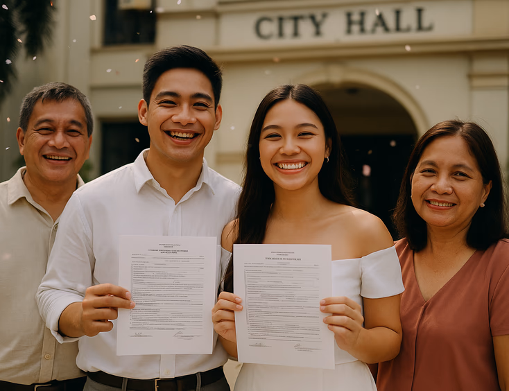 Young Filipino couple celebrating outside a city hall after a civil wedding