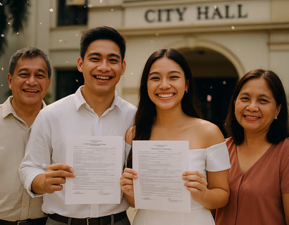 Young Filipino couple celebrating outside a city hall after a civil wedding