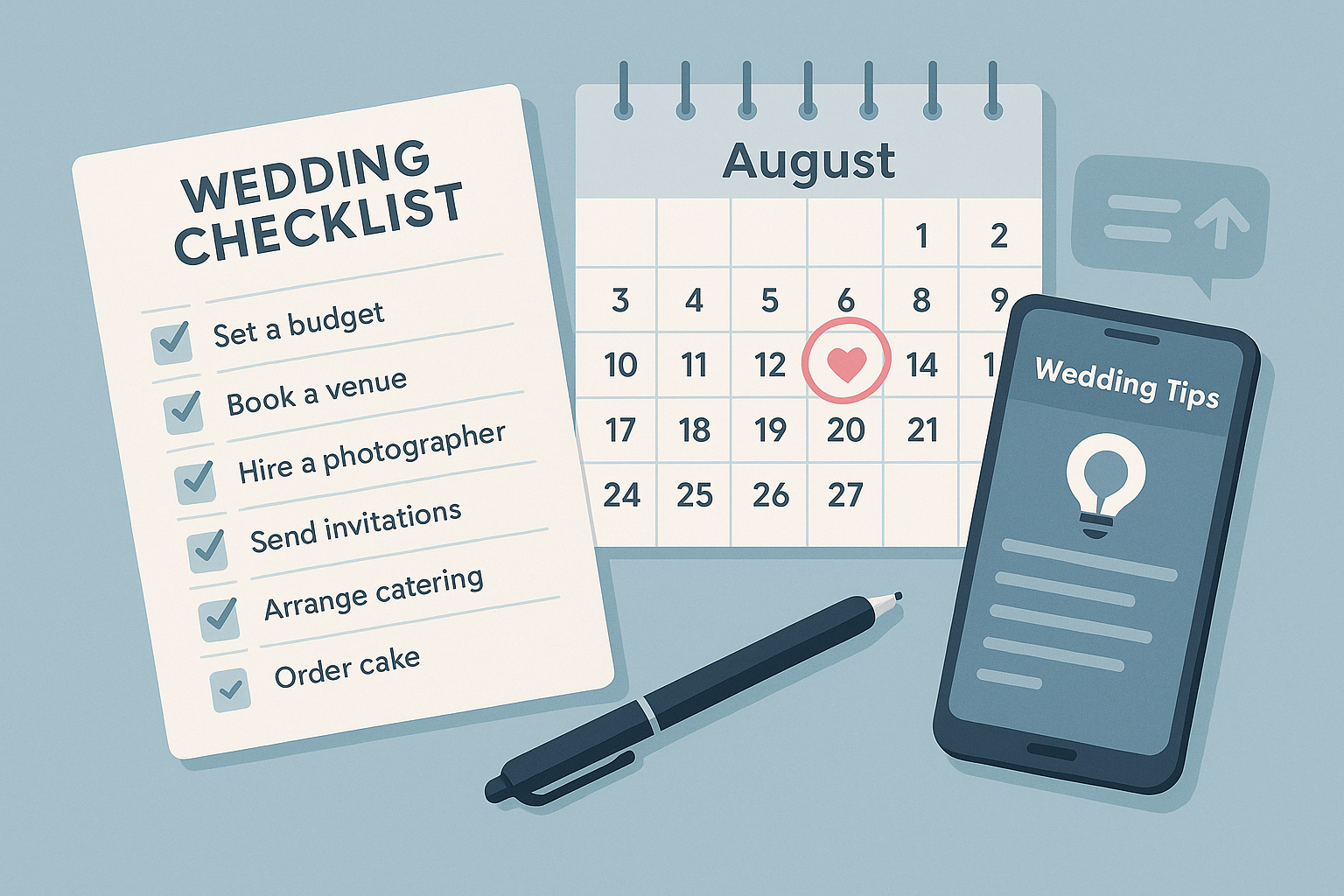 Wedding planning checklist, calendar, and smartphone with tips for a smooth civil wedding process.