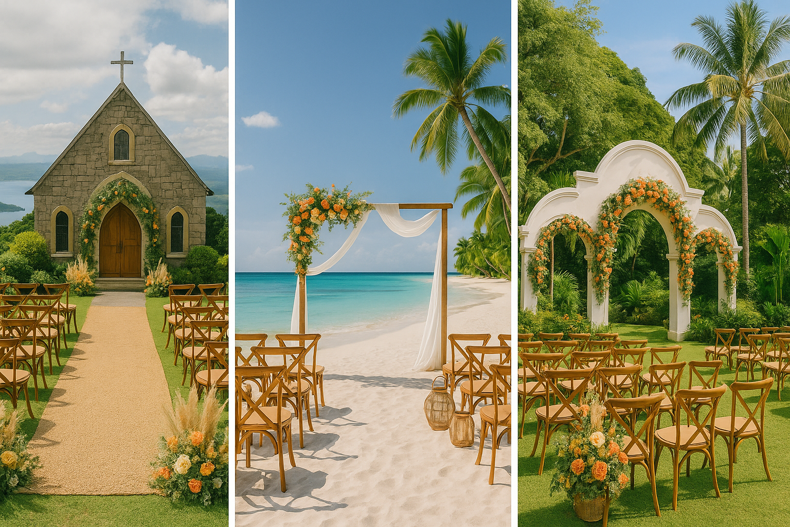 Collage of popular wedding venues in the Philippines including a chapel, beach, and garden setting.