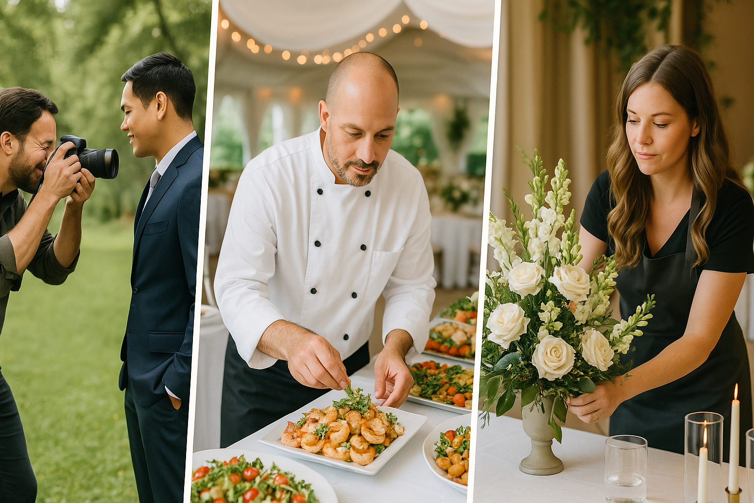 Wedding photographer, caterer, and florist preparing for a Filipino wedding celebration.