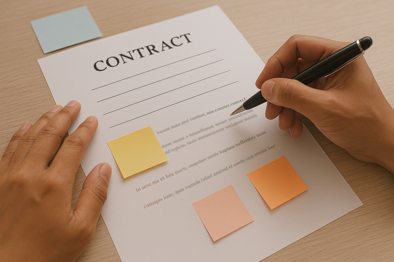 Hands holding a pen above a contract with sticky notes and blank lines, indicating pending details.