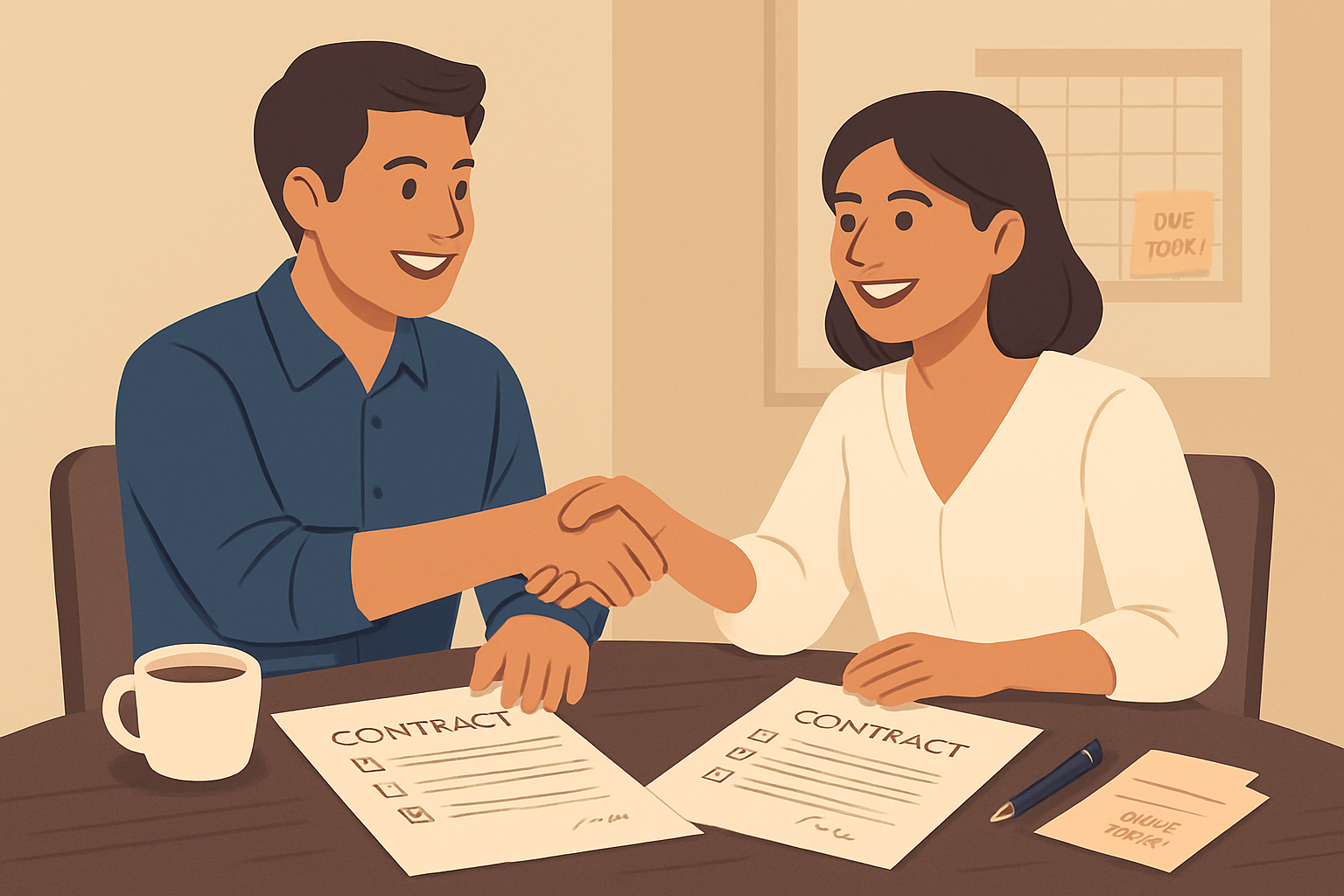 Two people shaking hands and smiling over a contract, representing successful negotiation.