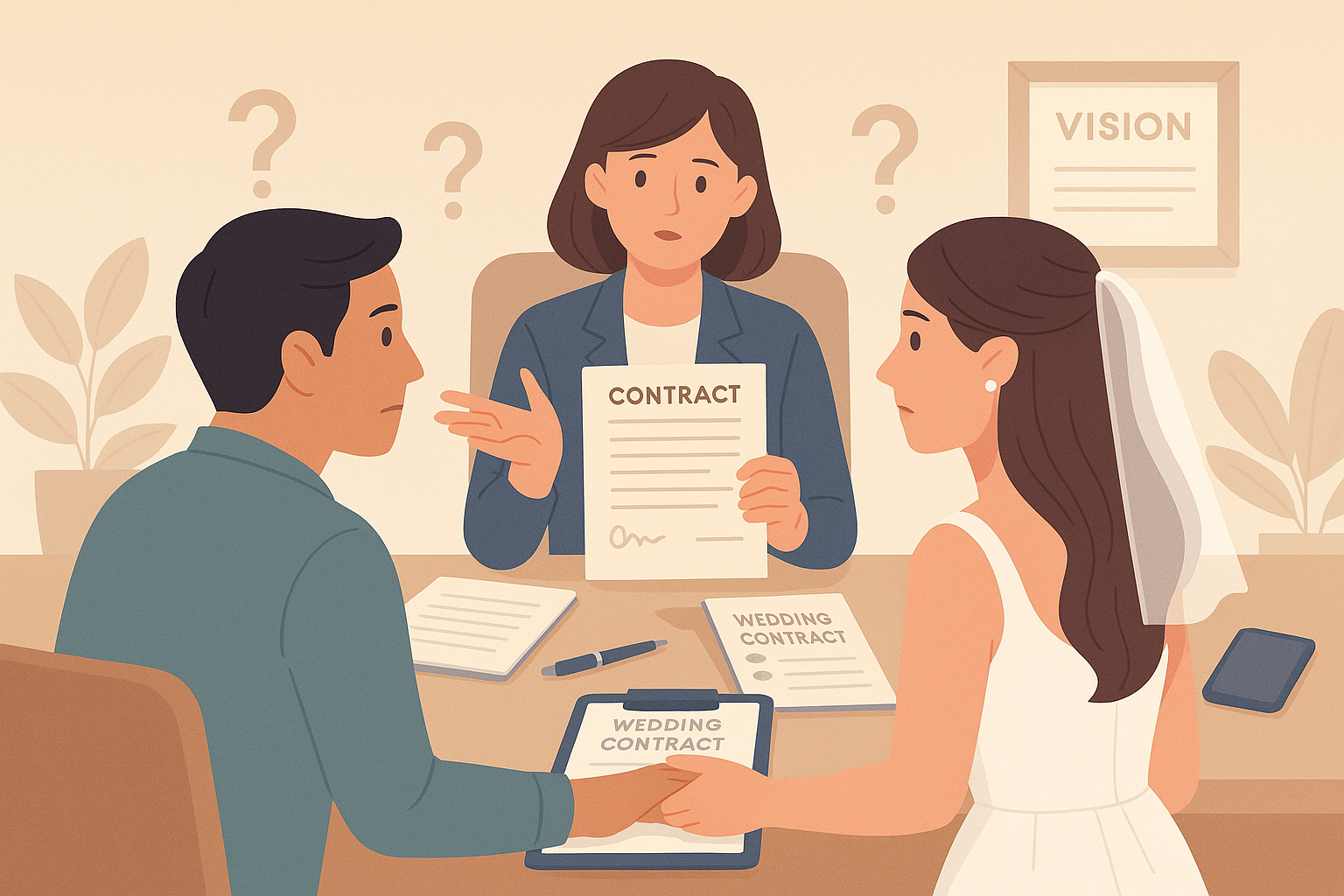 Bride and groom consulting with a professional and reviewing a contract, emphasizing the value of asking questions.