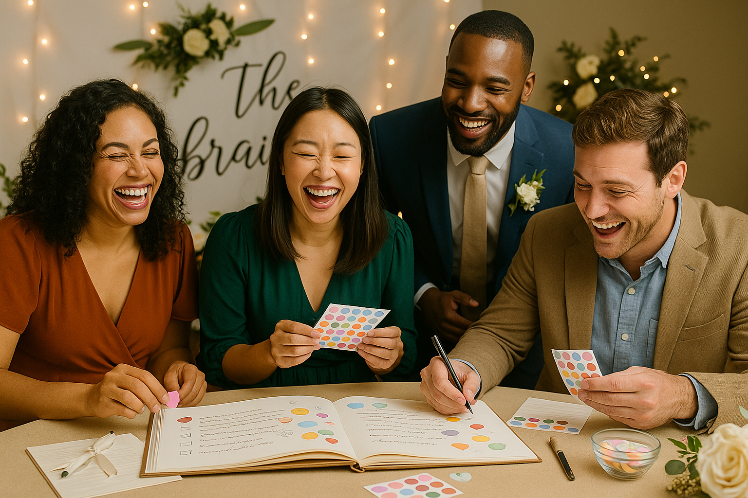Wedding guests laughing while interacting with a fun and creative guest book.