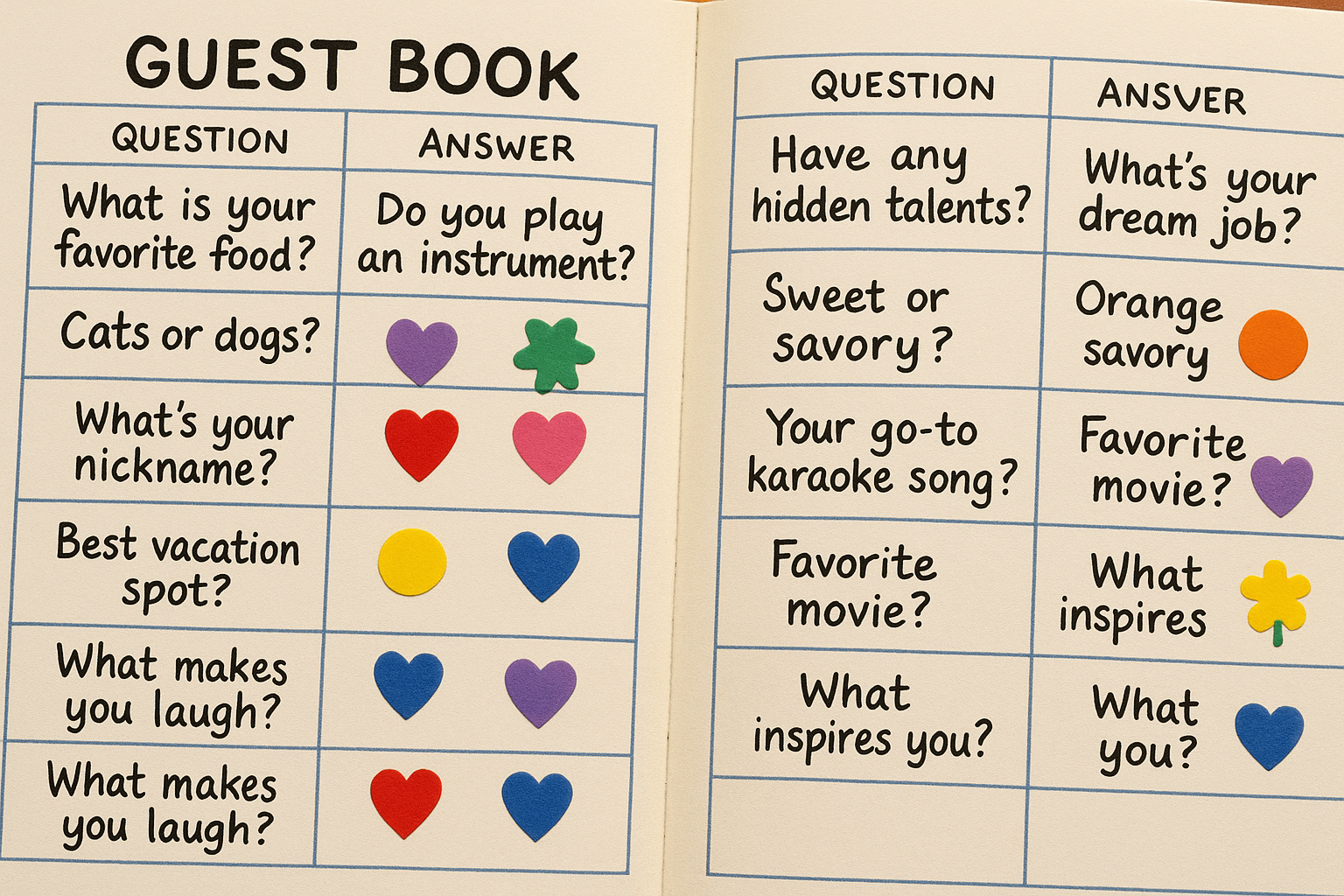 Guest book pages with creative questions and colorful stickers marking answers.