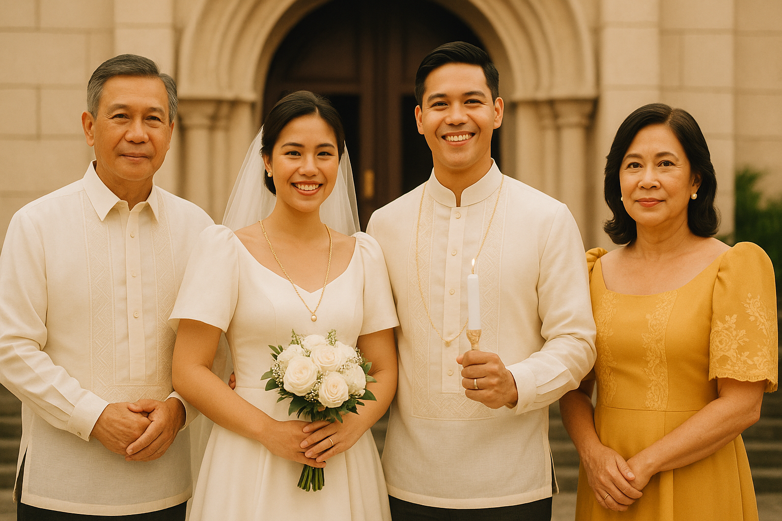 Principal sponsors (Ninong and Ninang) standing behind the bride and groom, showing support during a Filipino wedding.