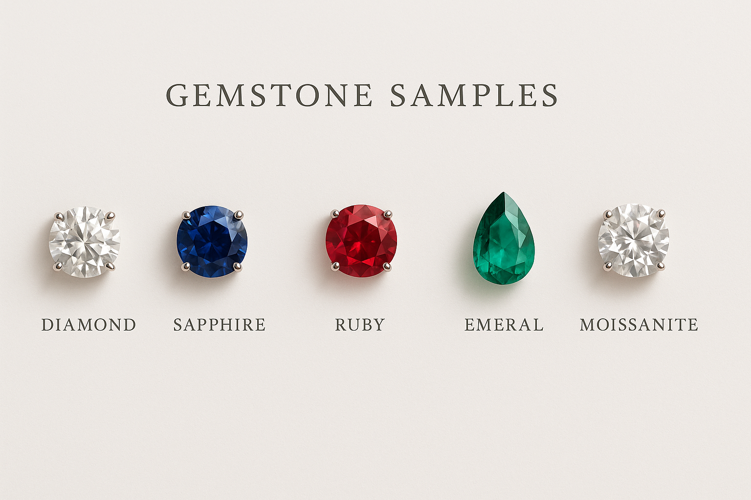 A display of labeled gemstones for rings—diamond, sapphire, ruby, emerald, and moissanite—on a white background.