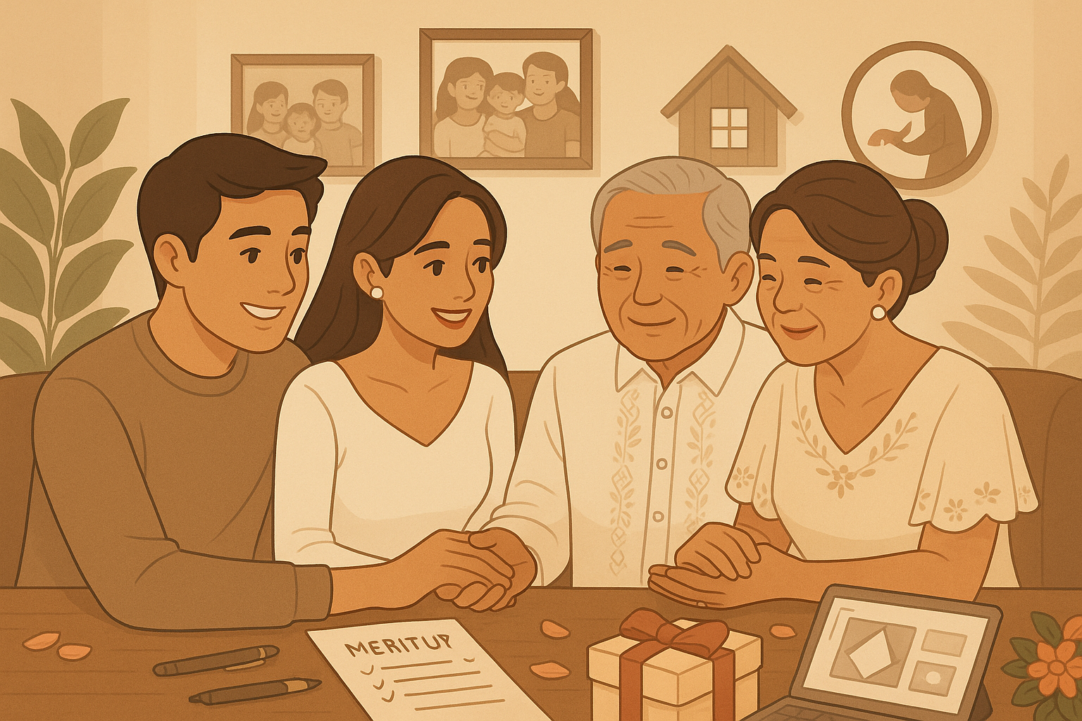 Elderly Filipino couple offering advice and support to an engaged couple, representing strong family values and mentorship.