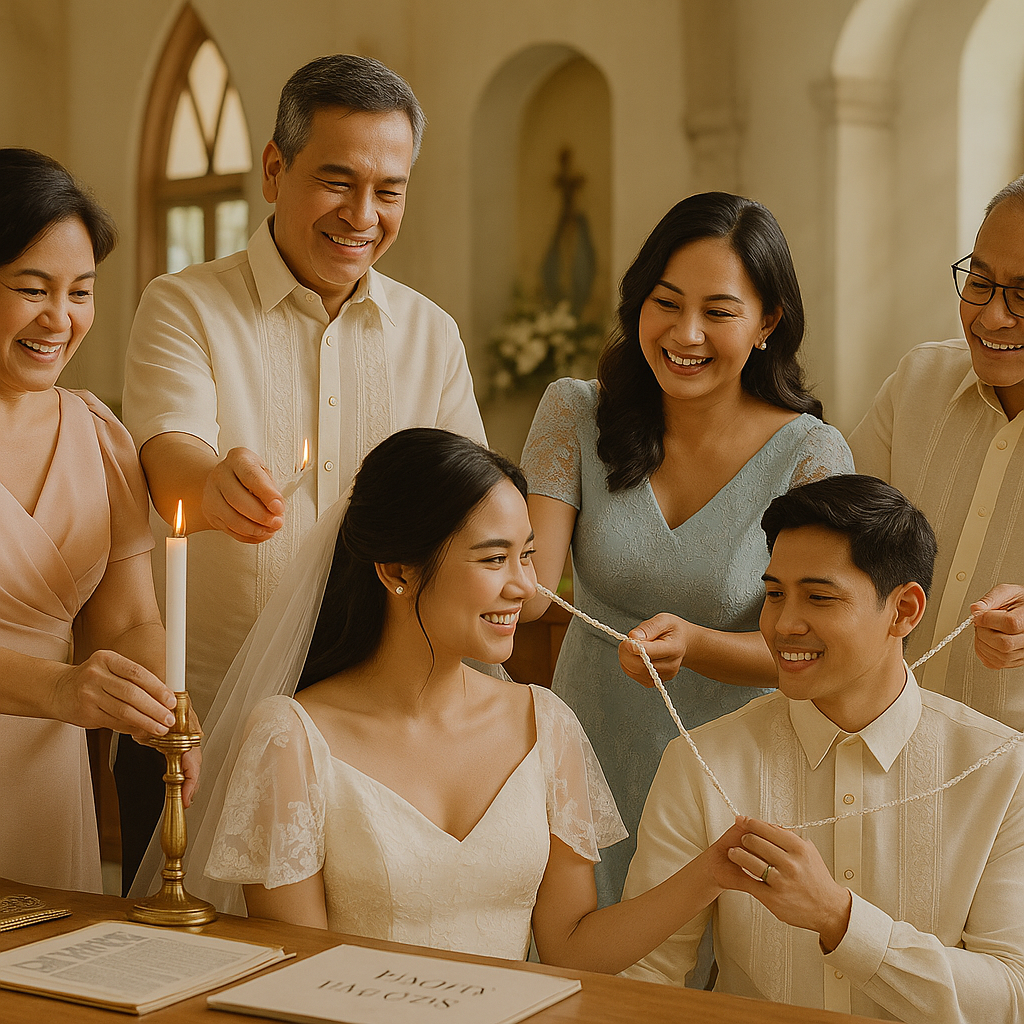 Filipino wedding sponsors assisting in traditional wedding rituals, showing active participation and support.