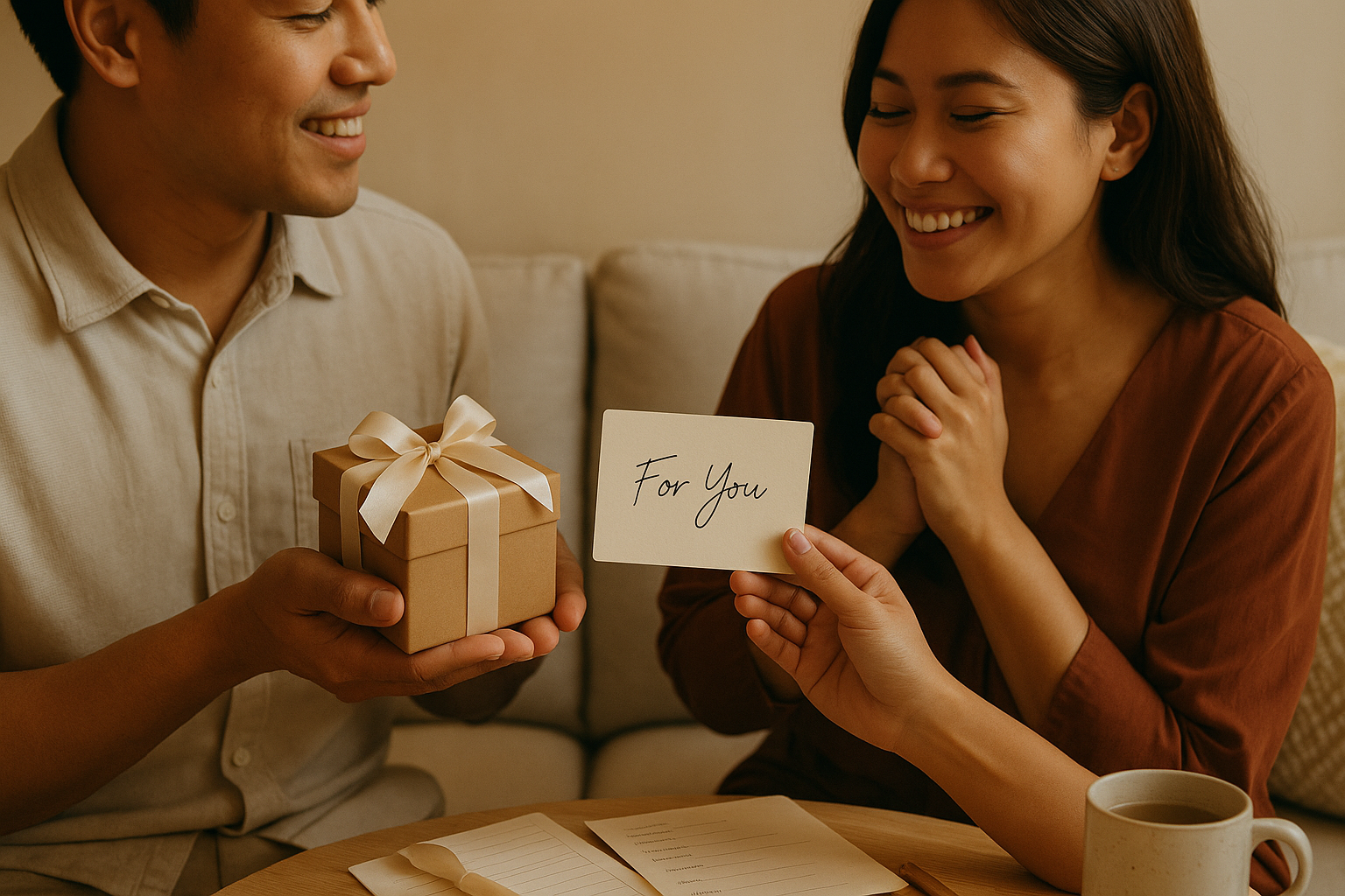 Filipino couple having honest, open conversation and sharing laughter