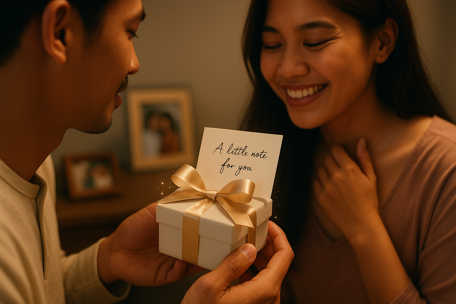 Filipino partner giving thoughtful, heartfelt gift and handwritten note