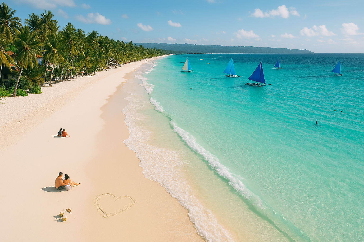 Aerial view of Boracay’s White Beach with white sand, blue sea, palm trees, and colorful sailboats.