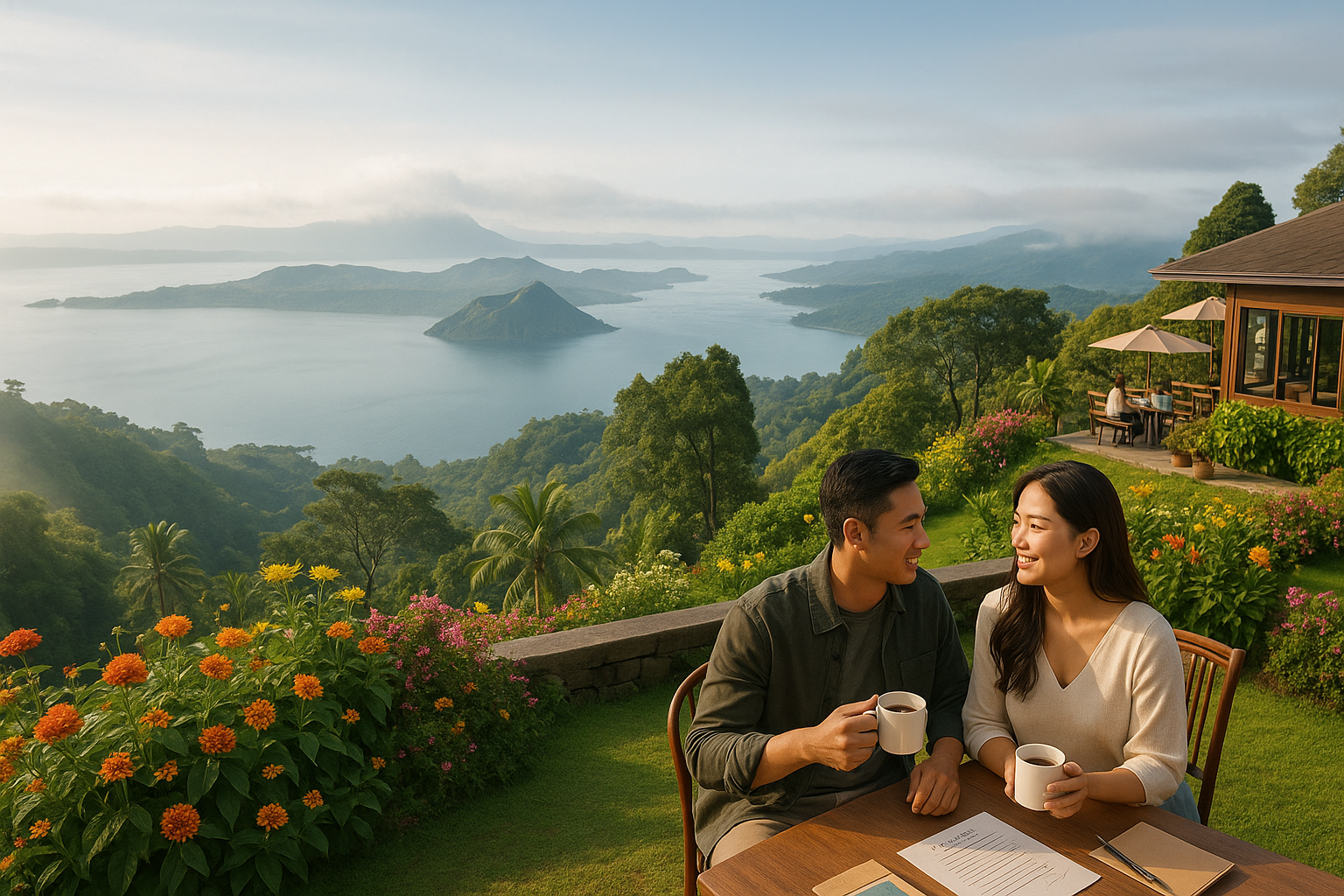 Scenic view of Tagaytay with Taal Volcano, lush gardens, and a couple enjoying coffee at a hilltop cafe.
