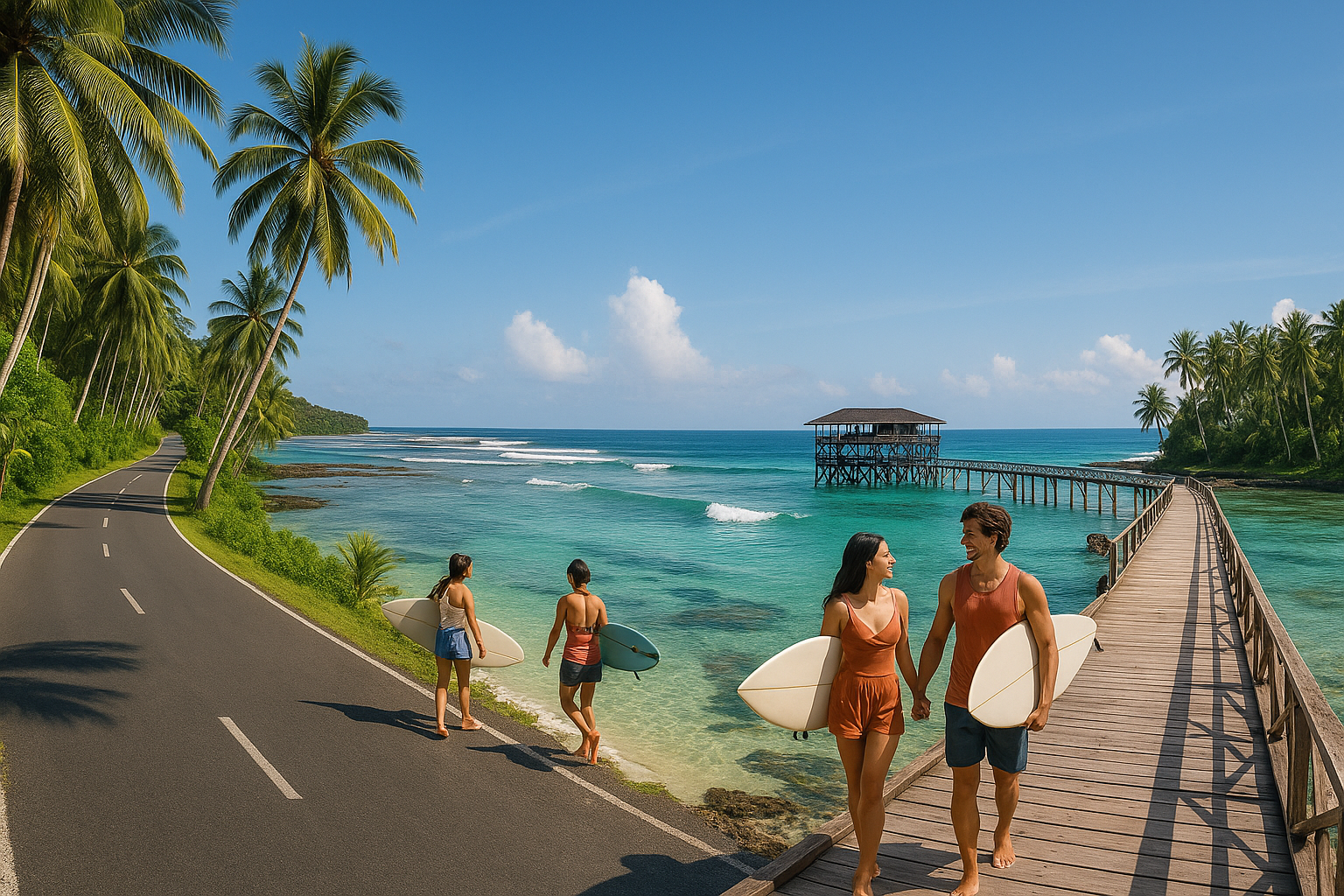 Siargao coastline with palm-lined roads, surf waves, boardwalk to Cloud 9, and a couple enjoying the island vibe.