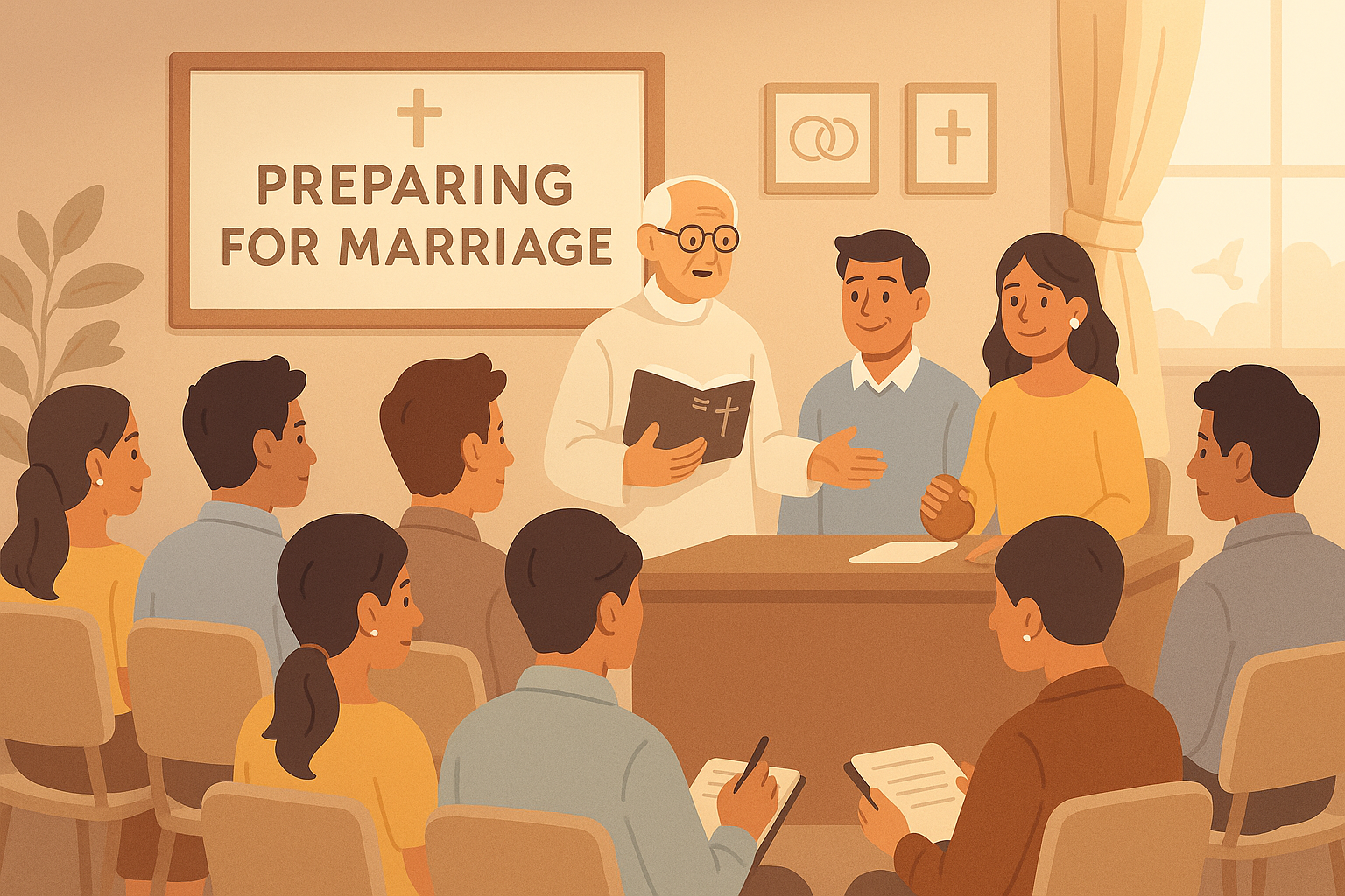 Engaged Filipino couples attending a Pre-Cana seminar, listening to facilitators discuss marriage and faith.