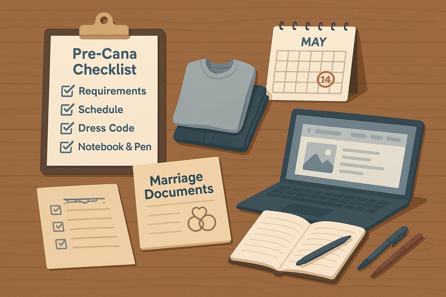 Essential items and documents neatly arranged for preparing to attend a Pre-Cana seminar in the Philippines.