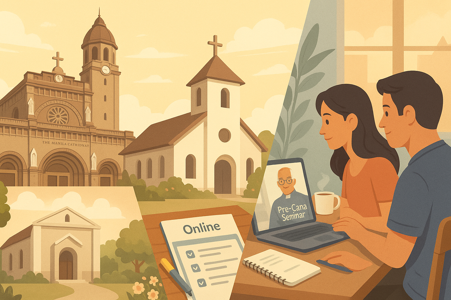 Variety of Philippine Pre-Cana seminar locations, from cathedrals to parish churches and online sessions.