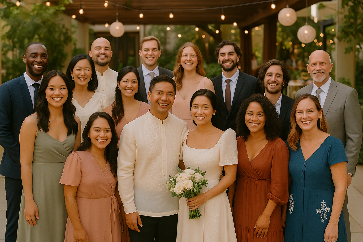 Wedding guests in a mix of traditional Filipino attire and modern outfits, standing together and smiling.