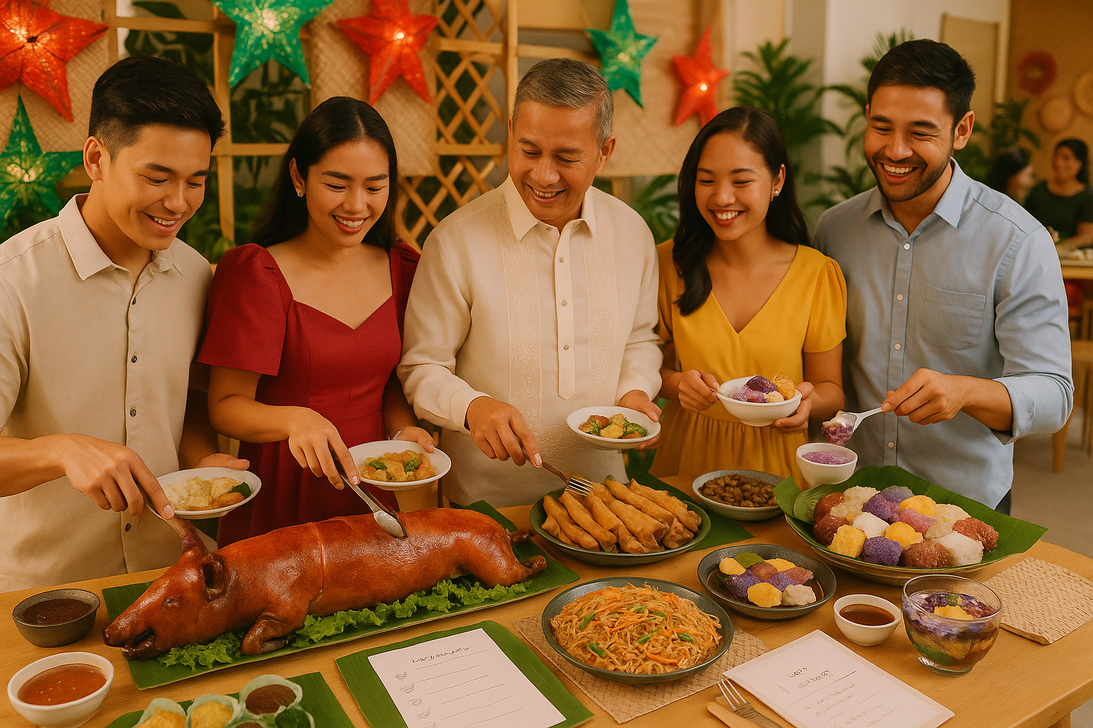 Buffet table with classic Filipino wedding dishes like lechon, pancit, lumpia, and colorful desserts, surrounded by happy guests.