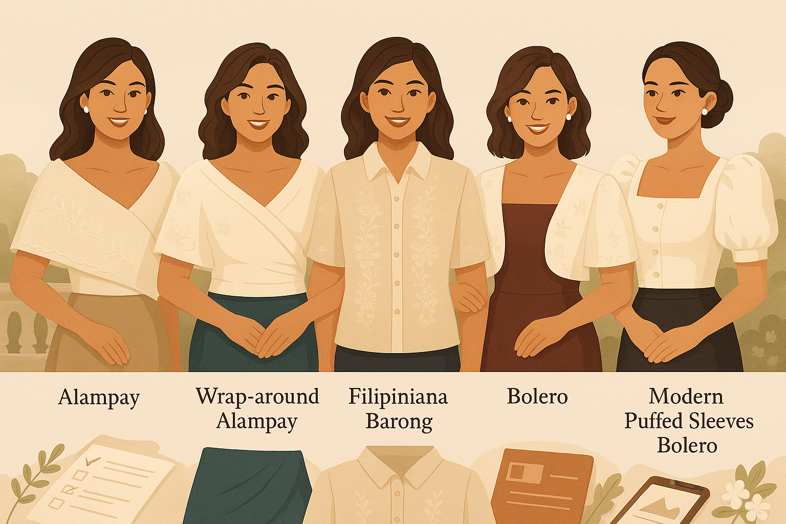 Five women modeling different styles of Filipiniana tops, including Alampay, Wrap-around Alampay, Barong, Bolero, and Modern Puffed Sleeves.