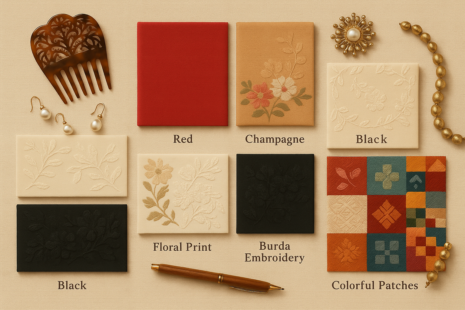 Filipiniana fabric swatches in various colors and patterns, including floral prints, embroidery, and patches, arranged with traditional accessories.
