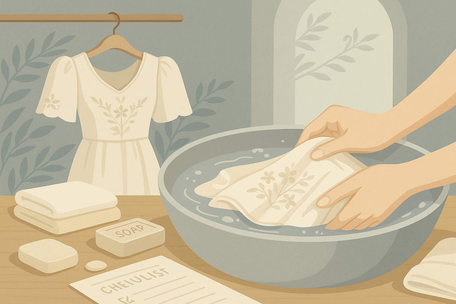 A Filipiniana gown being hand washed, with another dress air drying on a hanger, illustrating proper care and maintenance.