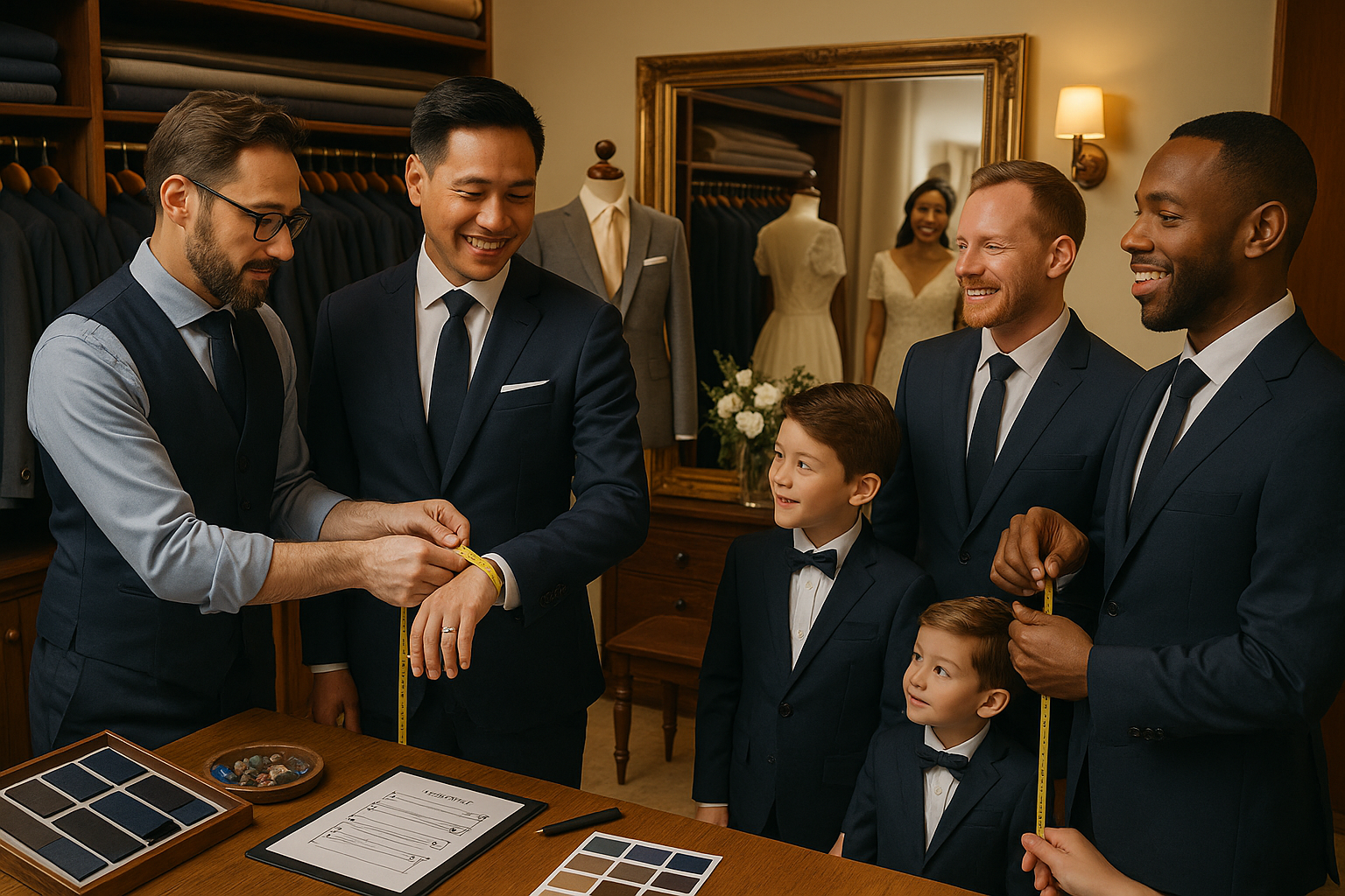 Groomsmen and ring bearer being fitted for suits in a tailor shop.