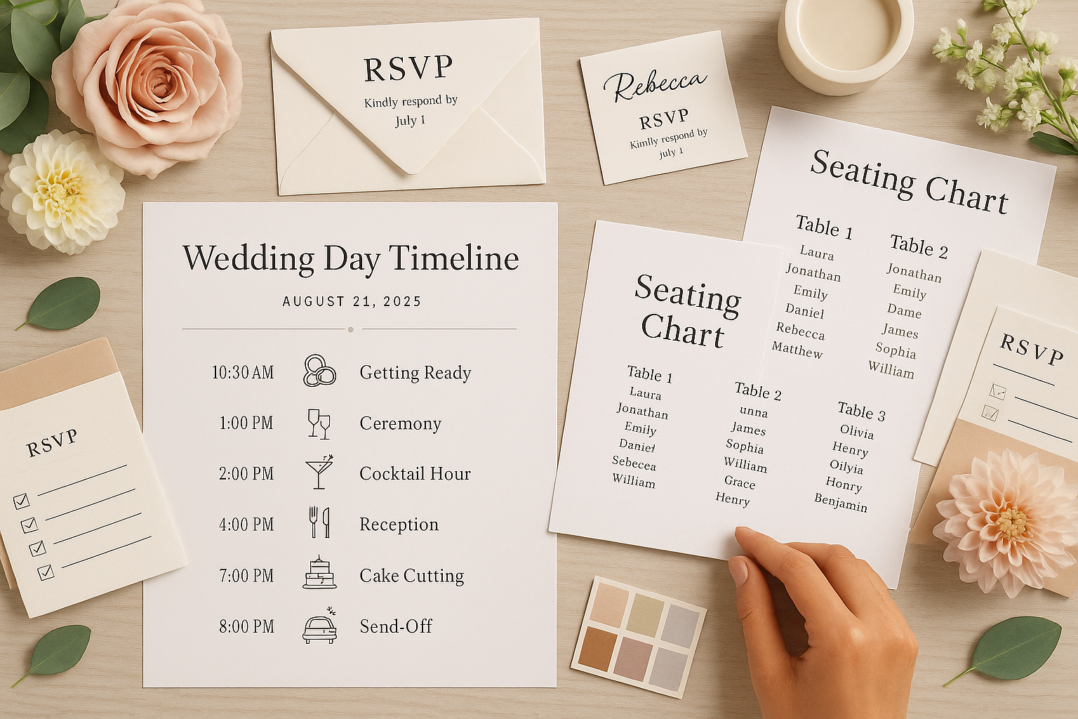 Wedding timeline, seating chart, and RSVP cards arranged on a desk with flowers.