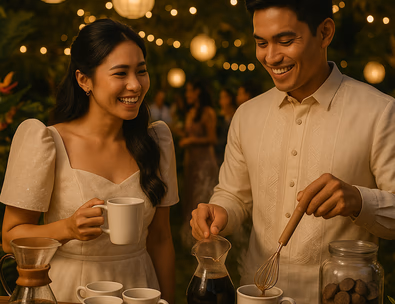 Young Filipino couple at a night reception pouring barako and whisking tablea guests gathered under capiz lanterns cozy lounge seating nearby