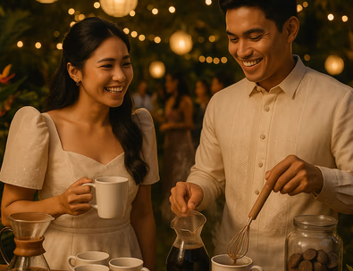 Young Filipino couple at a night reception pouring barako and whisking tablea guests gathered under capiz lanterns cozy lounge seating nearby