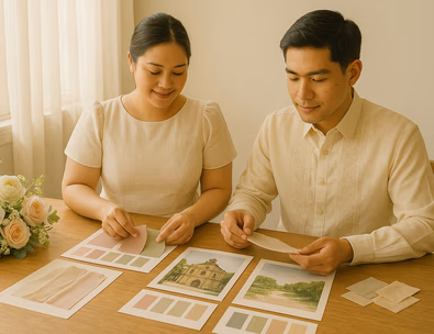 Young Filipino couple reviewing fabric swatches and palette cards beside venue boards for church garden and beach warm natural light