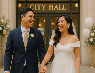 Happy Filipino couple outside city hall after their civil wedding ceremony.